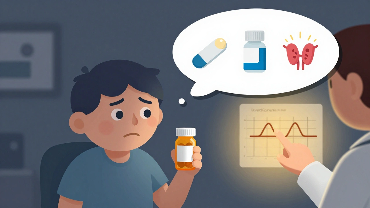 Patient worried about different generic versions of thyroid medication, with a flickering thyroid icon.