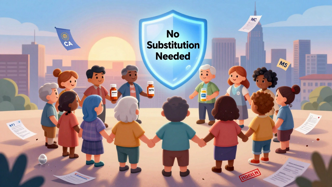 Patients stand together holding NTI medications, with crumbling denial forms at their feet and state law banners glowing above them.