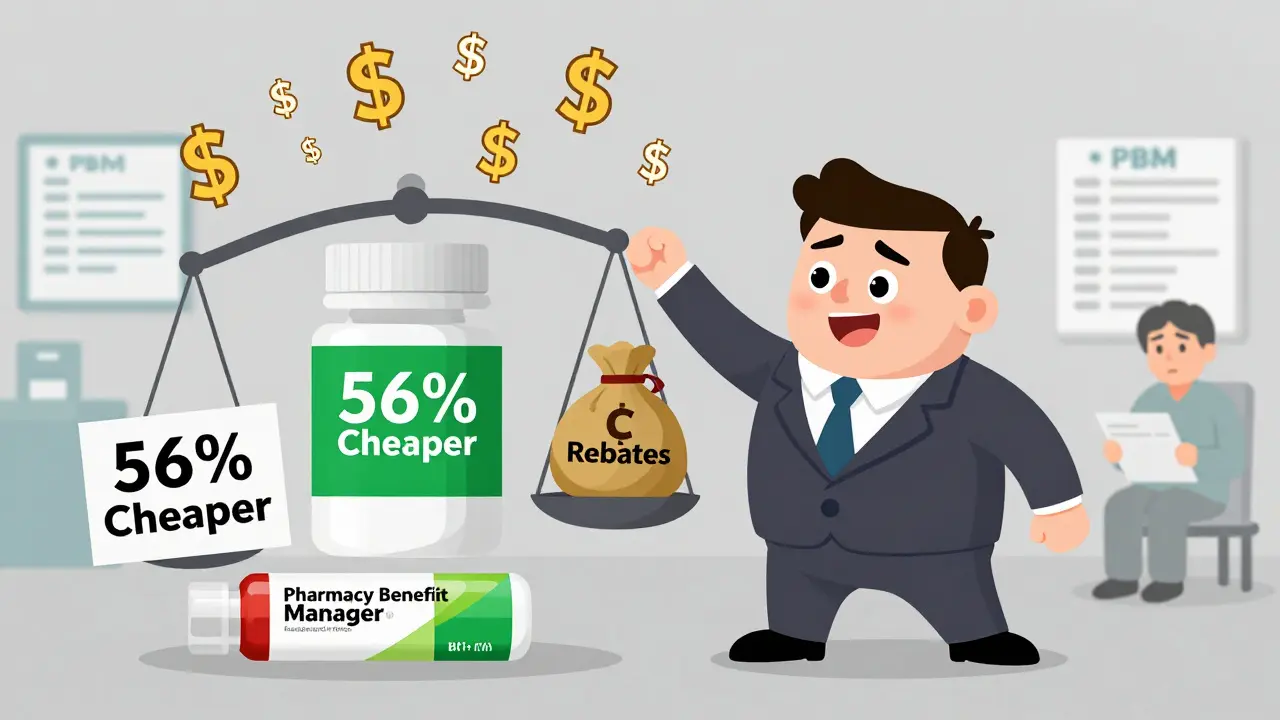 PBM tipping scale to favor expensive brand drug over cheaper biosimilar with dollar signs falling.