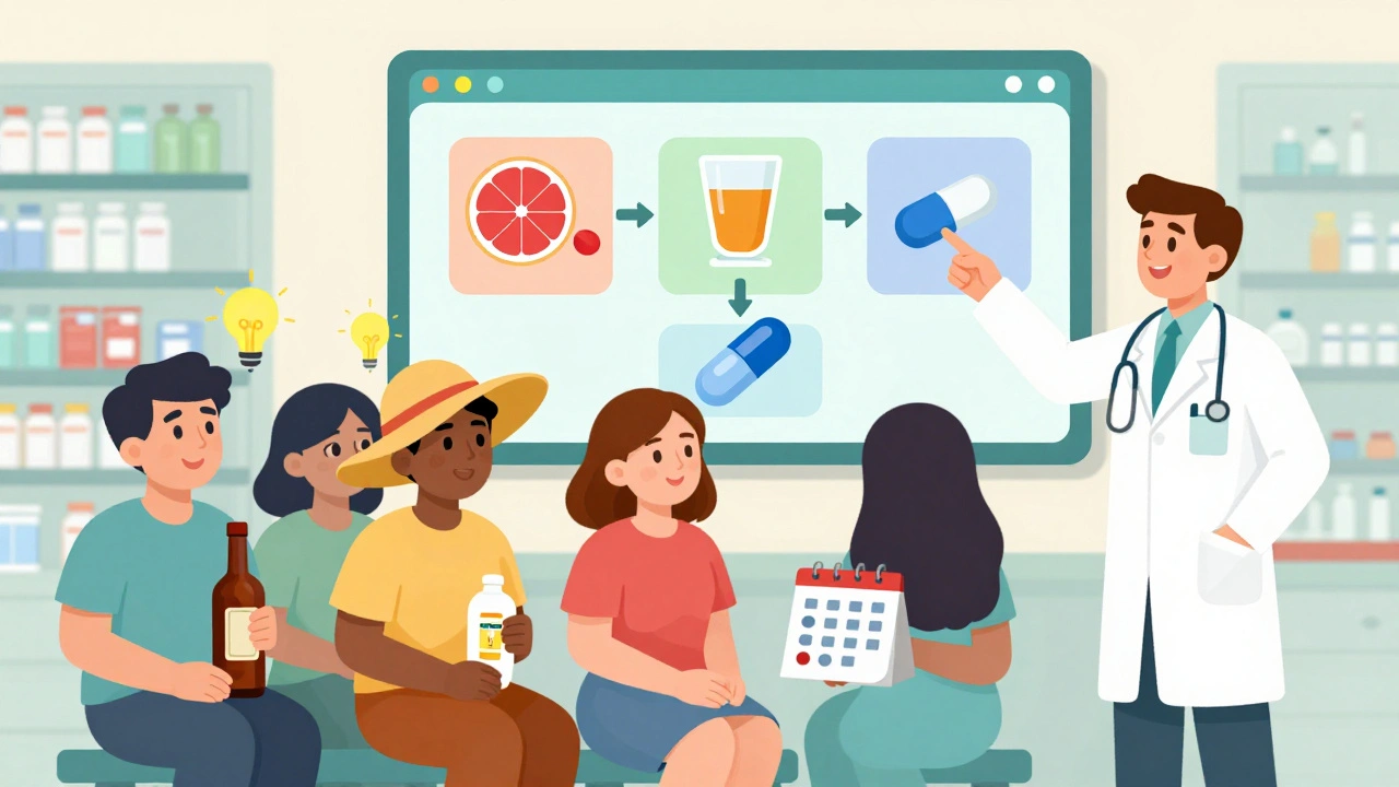 People in a pharmacy react to a colorful chart showing hidden drug interactions with food, alcohol, and supplements.
