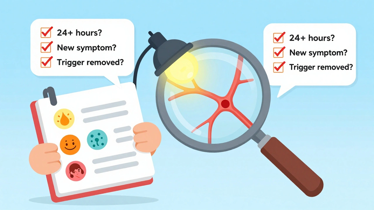 Person holding symptom diary with icons, magnifying glass revealing overheated nerve pathway.