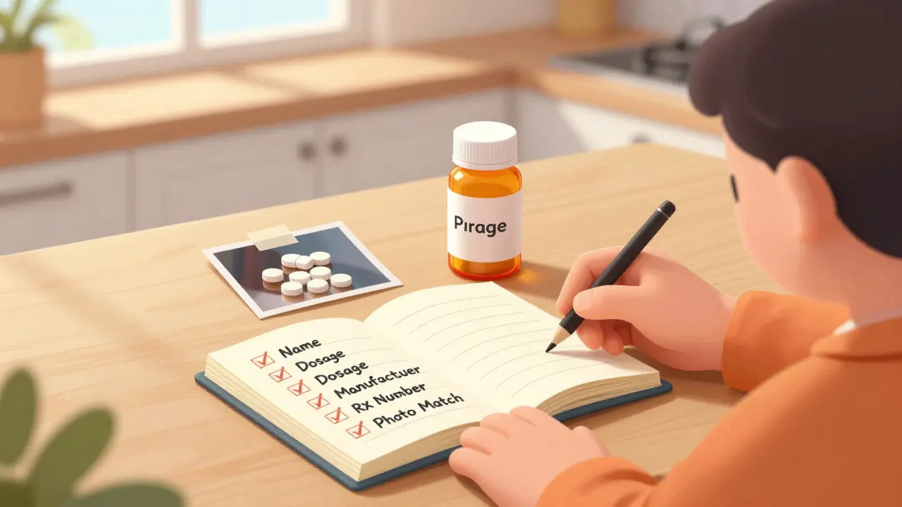 Person maintaining a medication log with photo of old pill bottle beside new one.