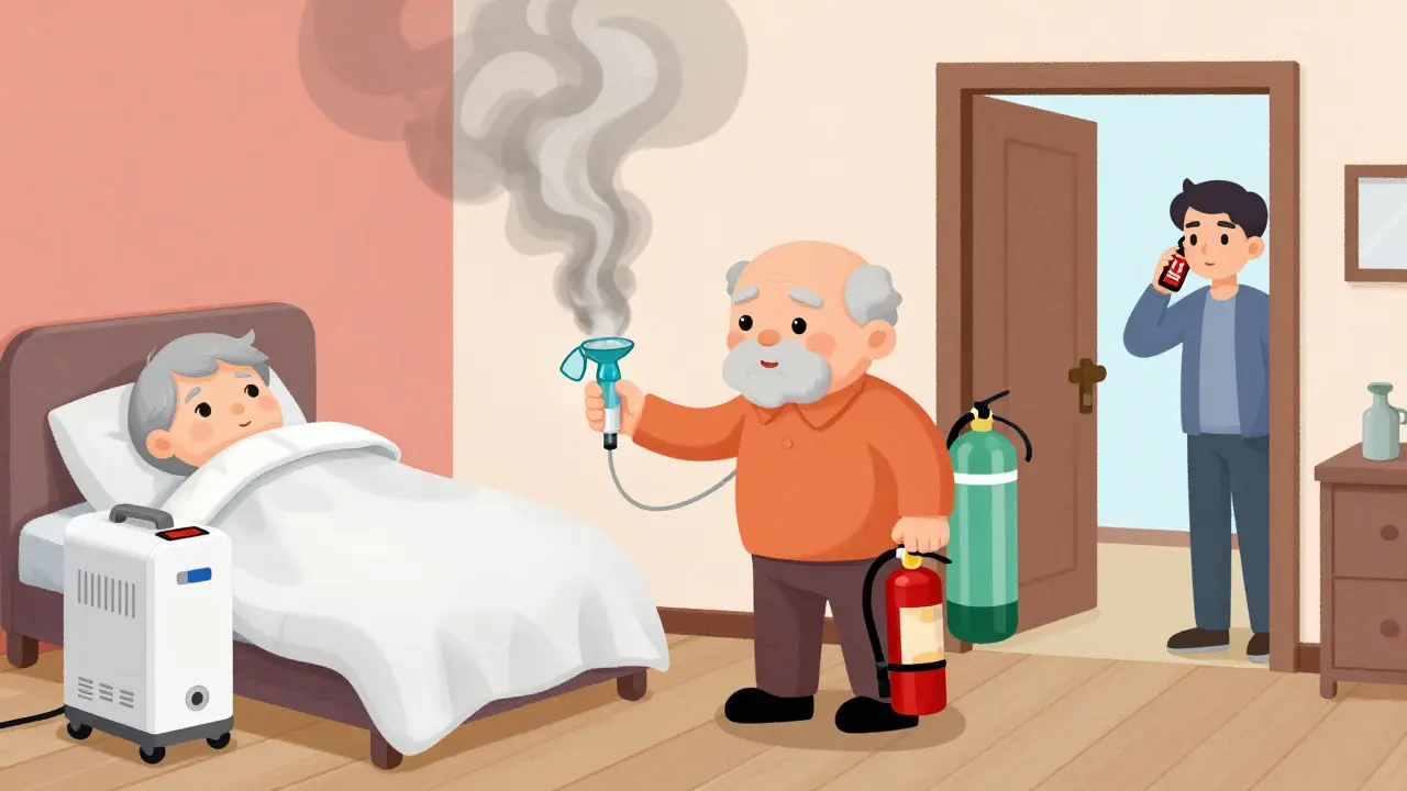 Person turning off oxygen device and exiting home during emergency with fire extinguisher in hand.