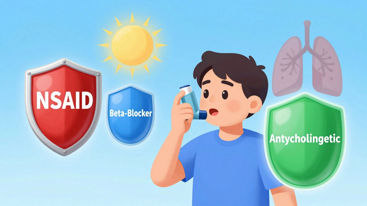 Person using inhaler protected by force fields blocking dangerous drugs.