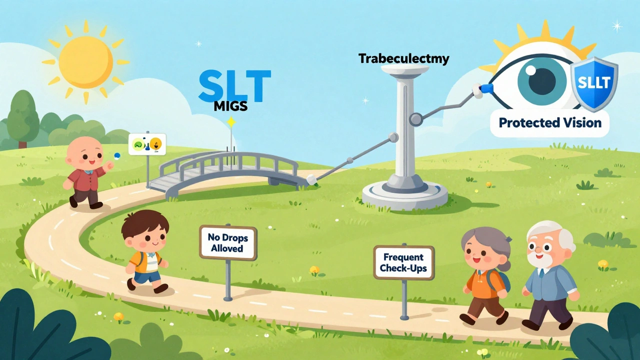 Personalized glaucoma treatment journey map with SLT, MIGS, and trabeculectomy paths leading to protected vision.