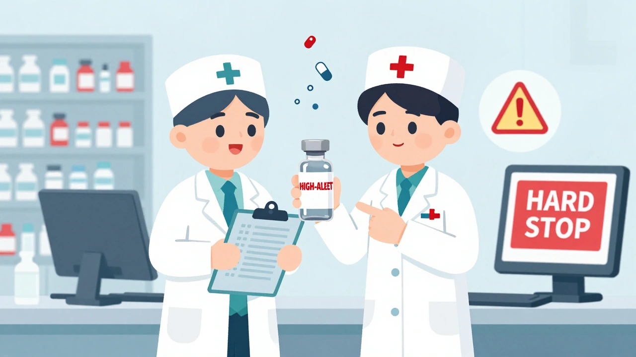 Pharmacist and nurse double-checking a high-alert insulin vial with computer alert