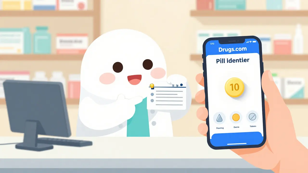 Pharmacist helping patient use a pill identification app on a smartphone.