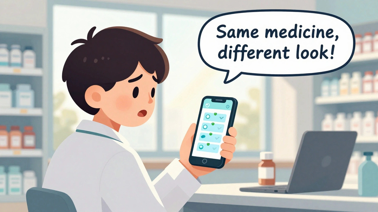 Pharmacist uses smartphone to compare brand and generic pills while patient looks curious and relieved.