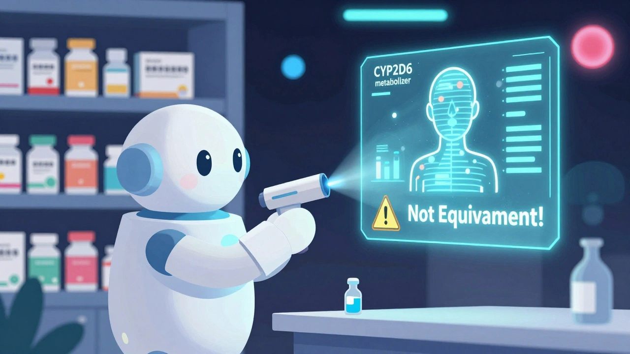 Robot scanning pills with hologram showing patient&#039;s genetic profile and warning about non-equivalent drugs.
