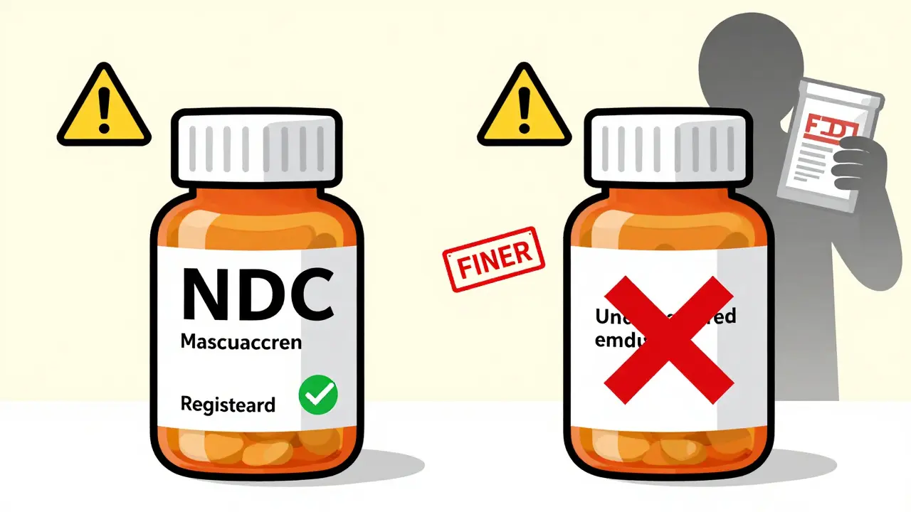 Side-by-side comparison of real vs. counterfeit medicine bottles with green checks and red Xs.