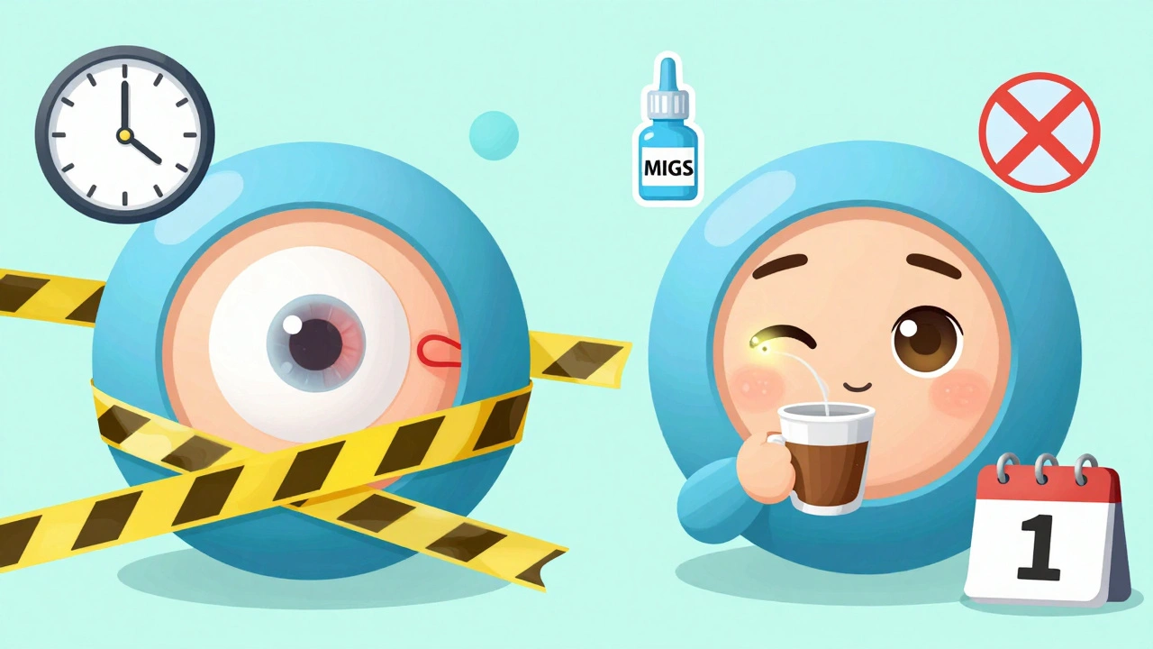 Side-by-side recovery scenes: one patient with bleb and long recovery, another with microstent and quick return to normal life.