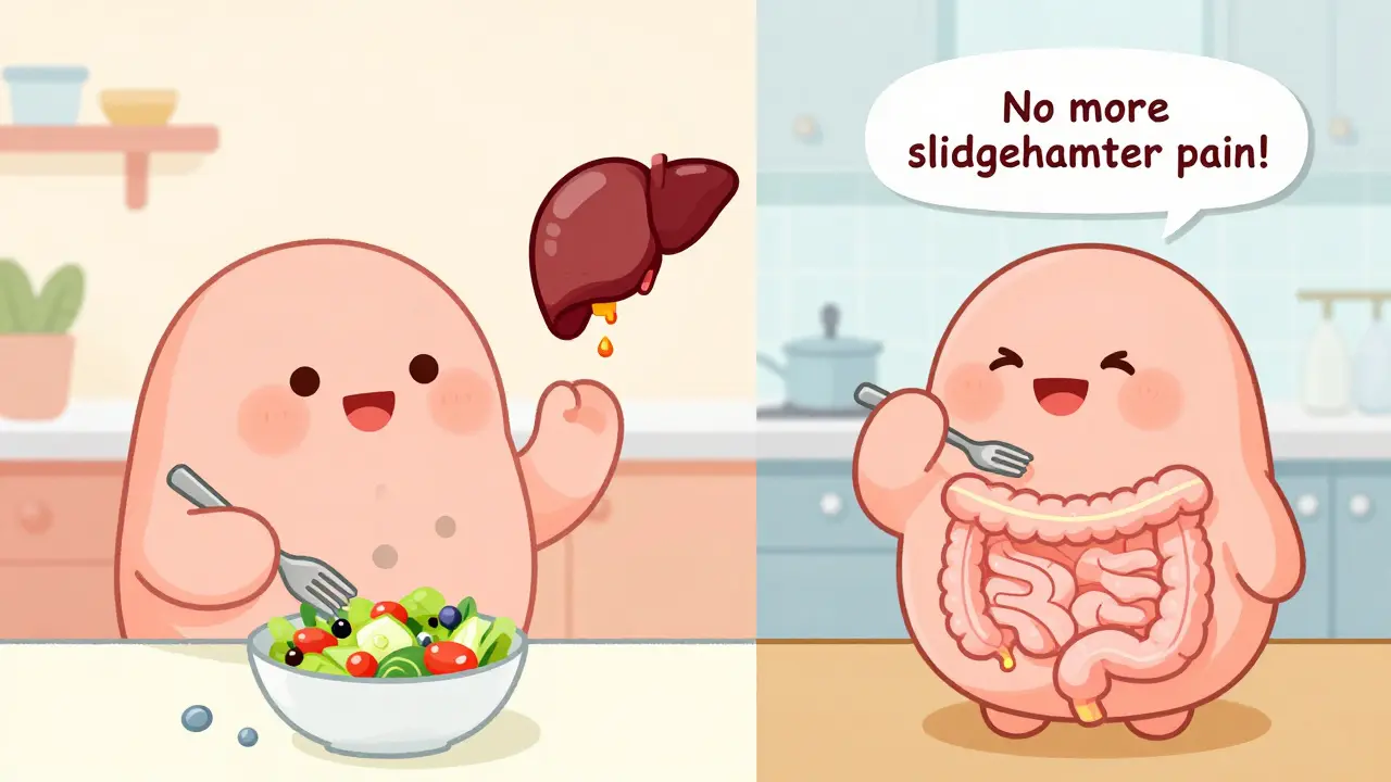 Smiling patient eating salad after gallbladder removal, with floating bile flow and no stones.