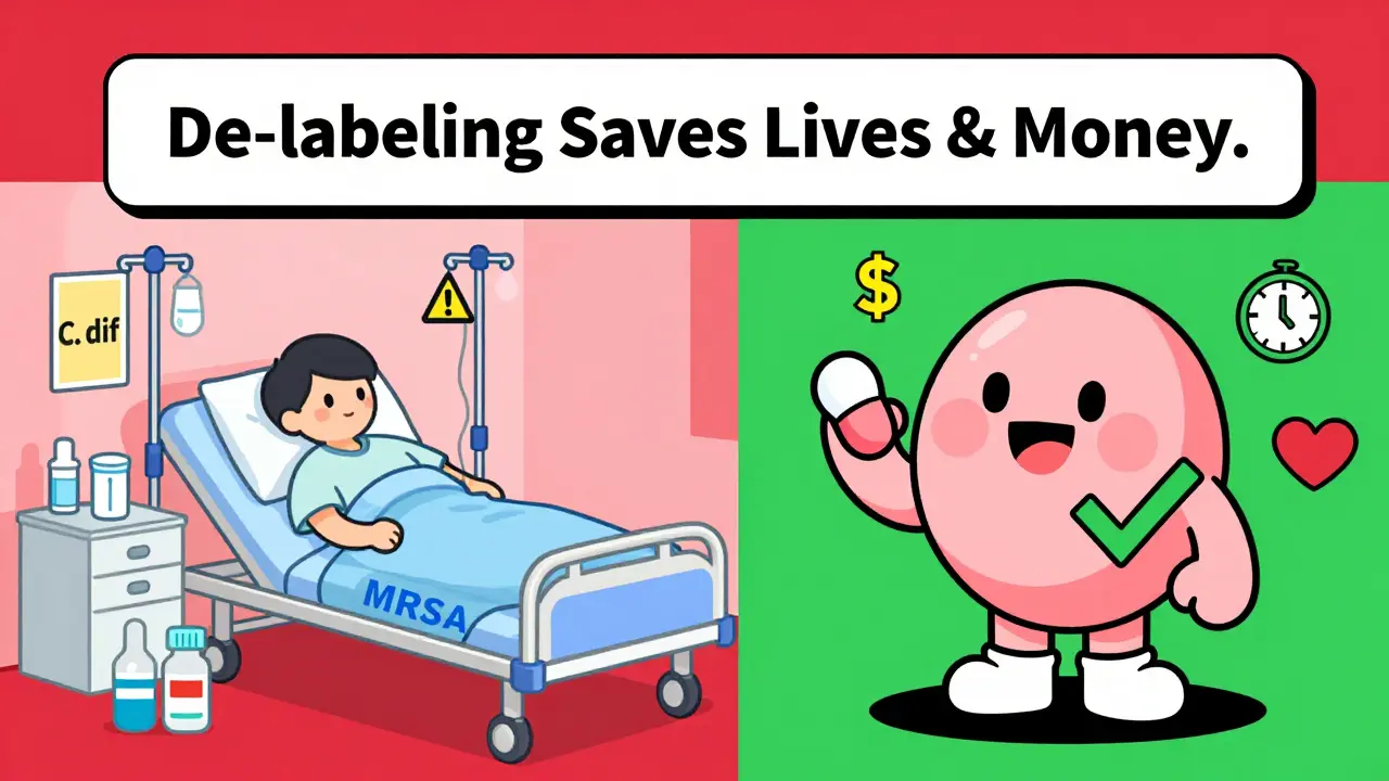 Split image: person in hospital with dangerous antibiotics vs. same person safely taking penicillin.