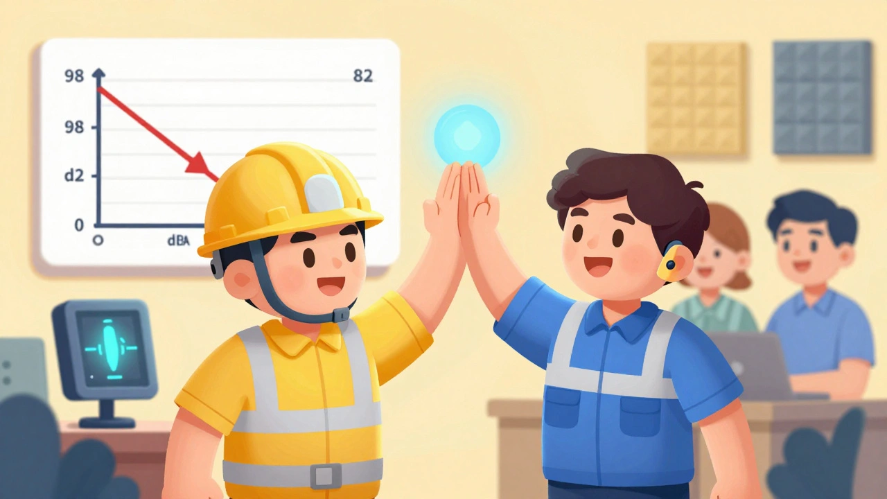 Supervisor and worker celebrating reduced noise levels with monitoring helmet