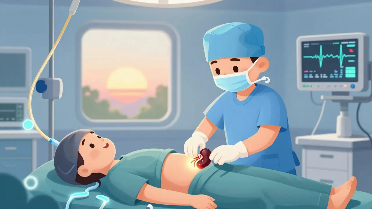 Surgeon placing a glowing kidney into a patient during a calm surgery, with soft light and a sunrise visible through a window.