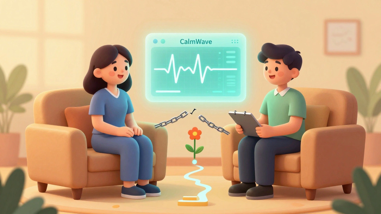 Therapist and patient together with a digital app showing a heartbeat graph, symbols of progress rising around them.