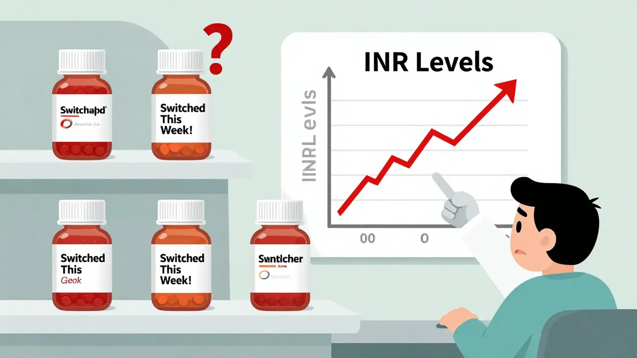 Three warfarin generic bottles on a shelf with a jagged INR level chart showing dangerous spikes.