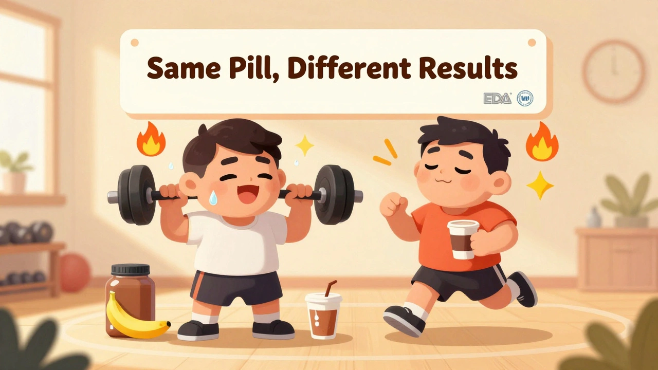 Two athletes training differently—one fed and energetic, one fasted and tired—with icons showing energy sources.