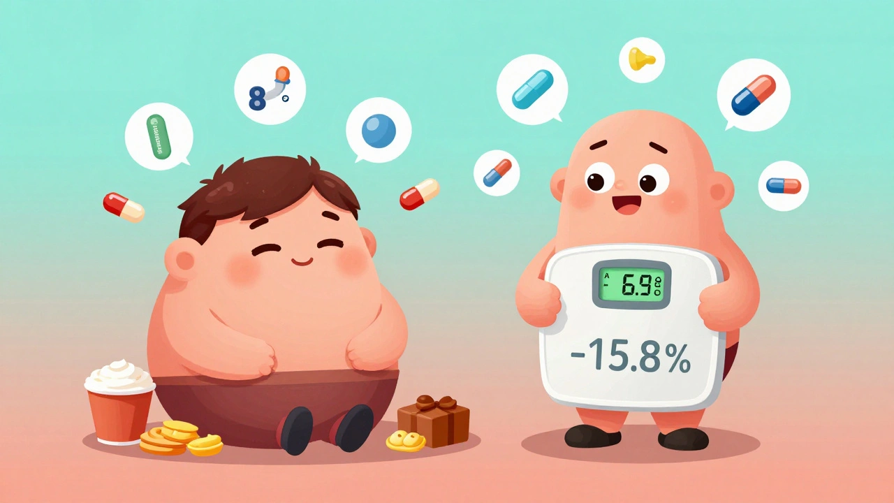 Two contrasting figures showing dramatic weight loss and A1c improvement from GLP-1 agonist treatment.