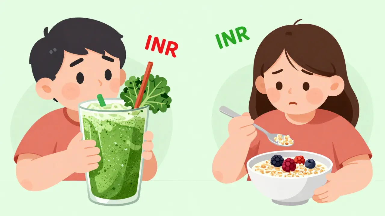 Two people side by side: one with a risky green smoothie, the other with a safe berry oatmeal, showing diet impact on blood thinning.