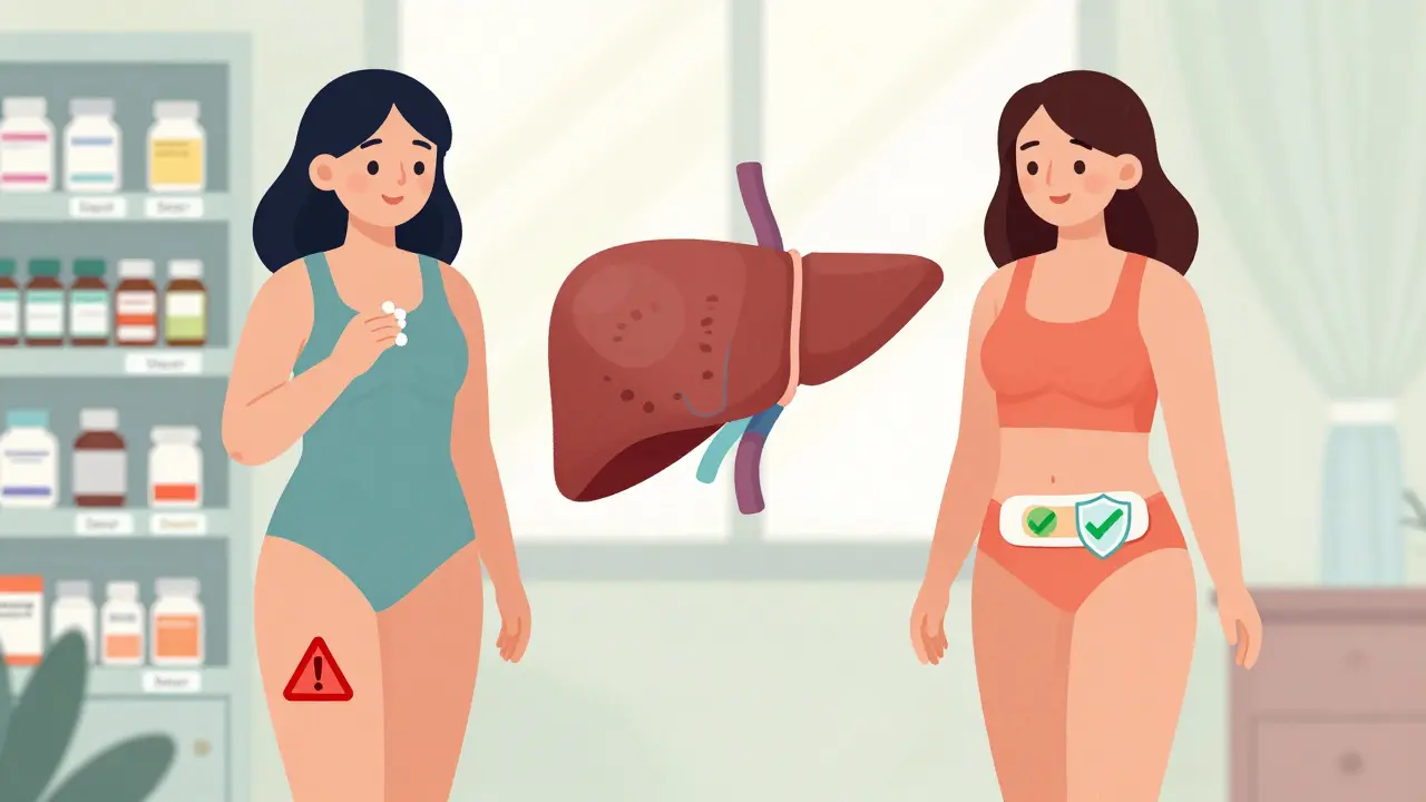 Two women comparing oral pills and transdermal patches, showing risk differences with simple icons.