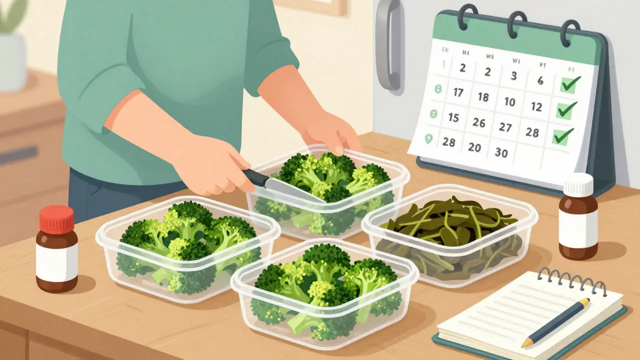 Weekly meal prep of cooked greens in portioned containers, showing routine for stable warfarin therapy.