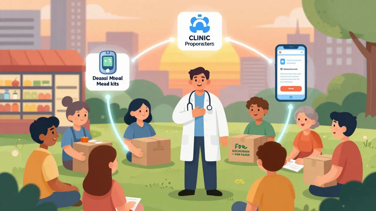 A clinic partners with community resources like grocery stores and fitness apps to support patient health.
