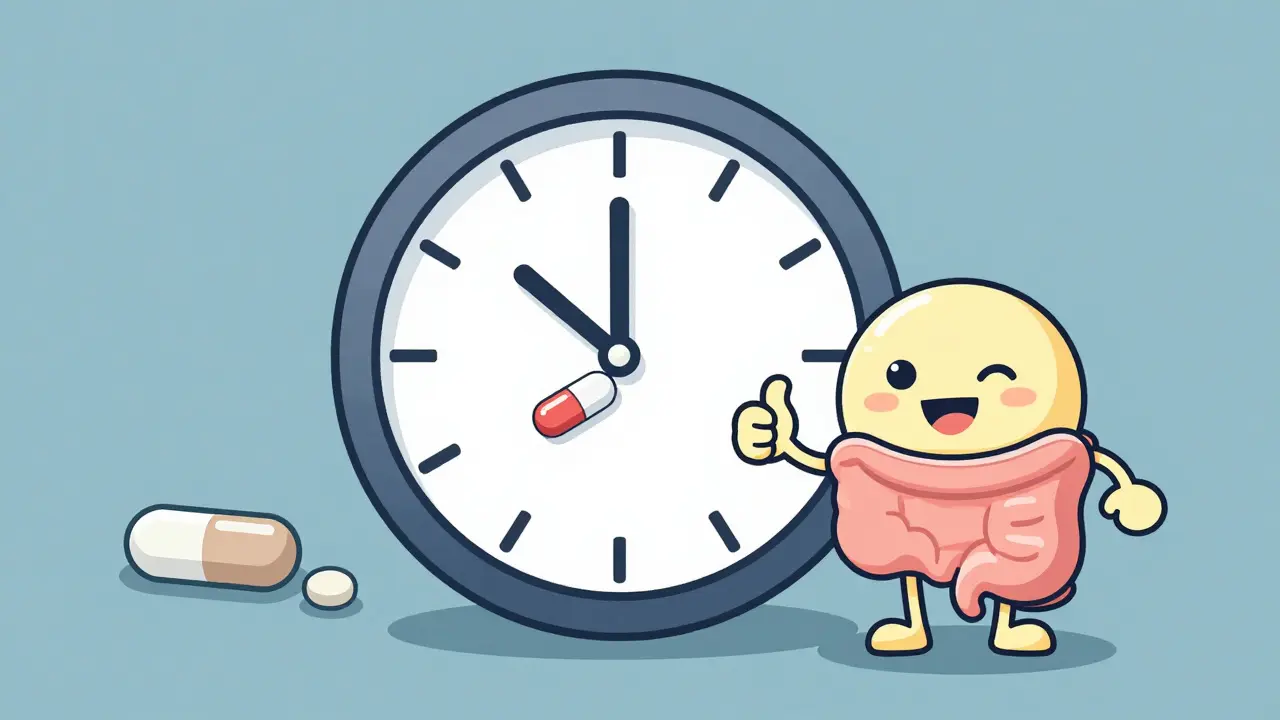 A clock showing antibiotic taken at 8 a.m. and zinc at 2 p.m., with smooth blood flow and a faded zinc pill.