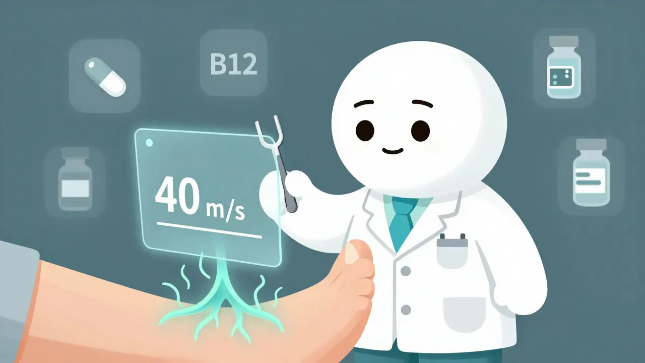 A doctor tests vibration sense with a tuning fork while nerve signals appear weak on a screen.