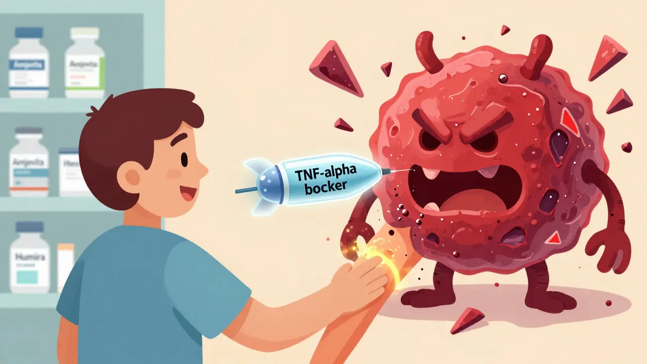A patient getting a biologic injection while a targeted molecule destroys an inflammation monster.
