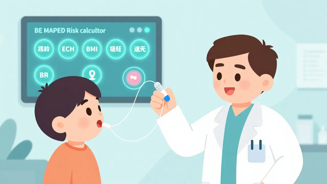 A patient swallowing a Cytosponge pill while a doctor explains a digital risk calculator on a screen.
