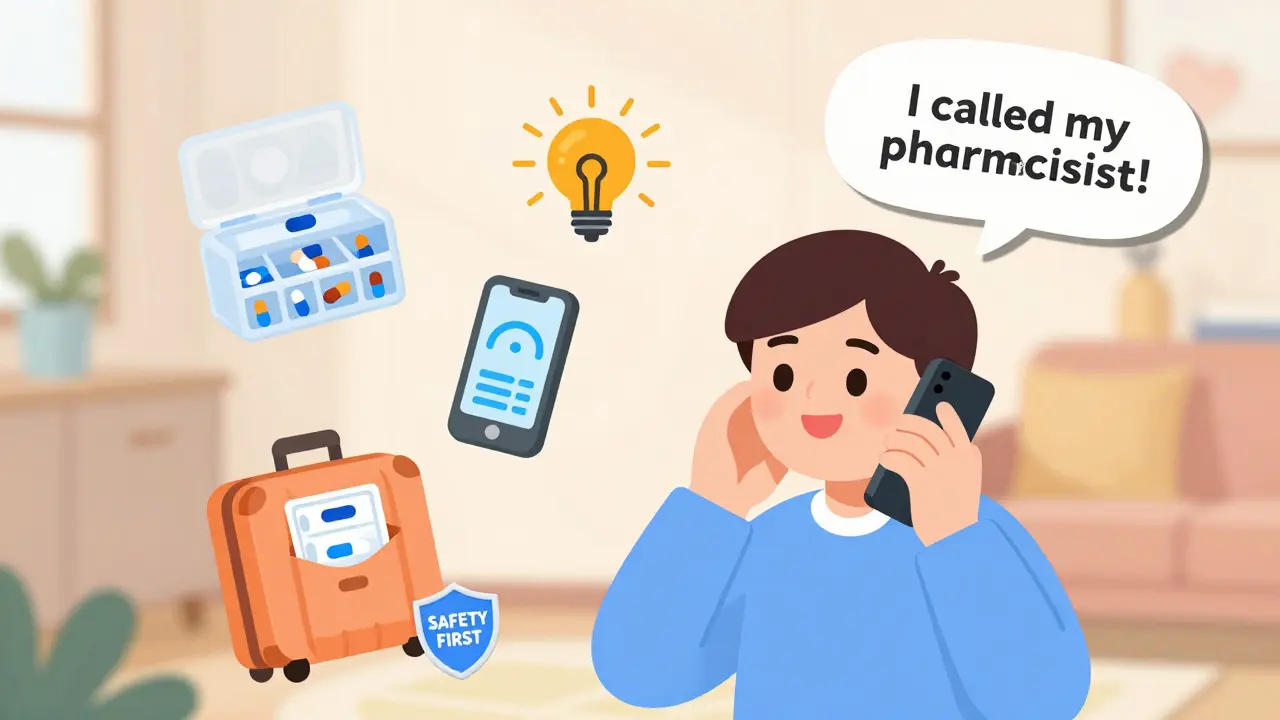 A person calls their pharmacist for advice, surrounded by tools that help prevent missed doses like organizers and alarms.