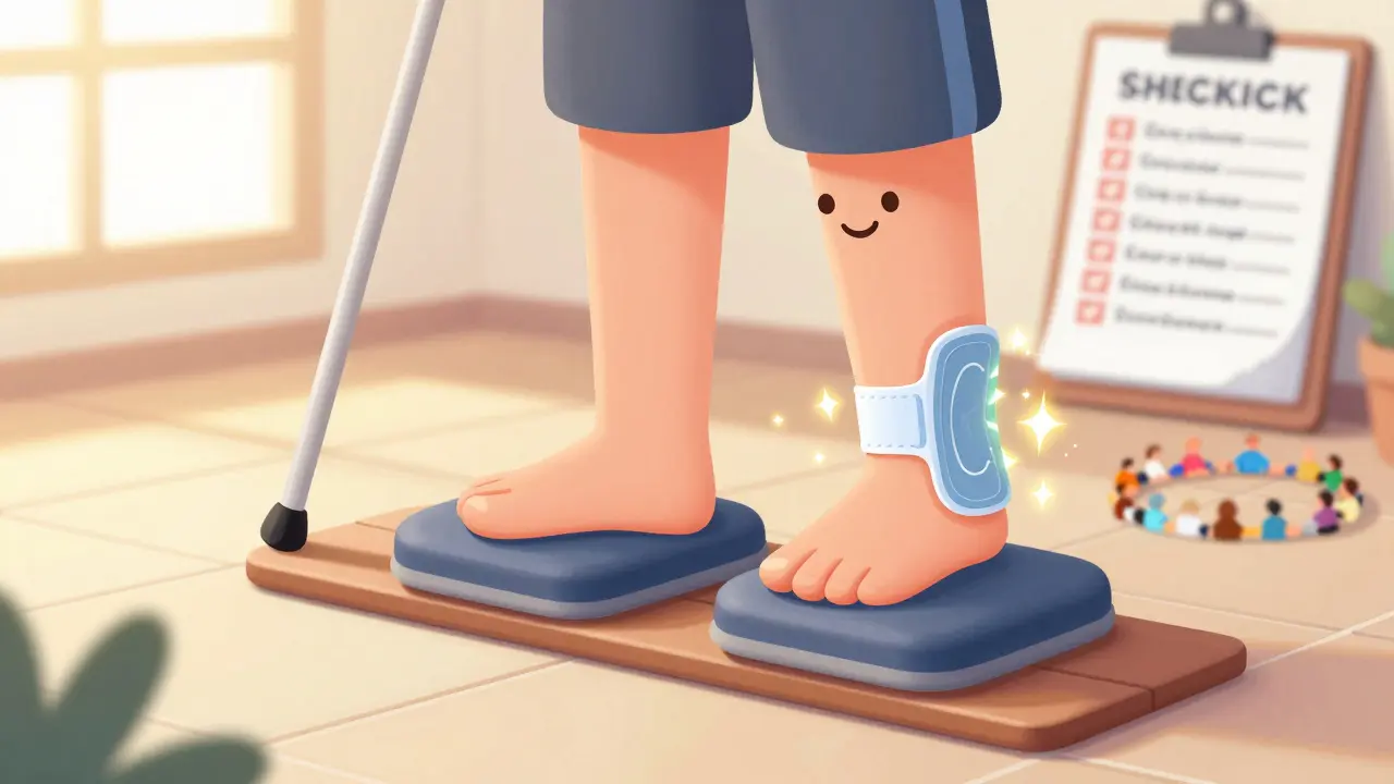 A person walks confidently on a balance beam wearing therapeutic shoes with calming nerve pulses.