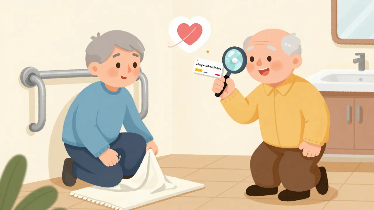 Caregiver making home safer for elderly person on blood thinner, with grab bars and no rugs.