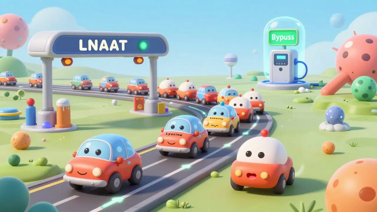 Cartoon gut highway with amino acid cars blocking levodopa at a toll booth, with a bypass pump in the distance.