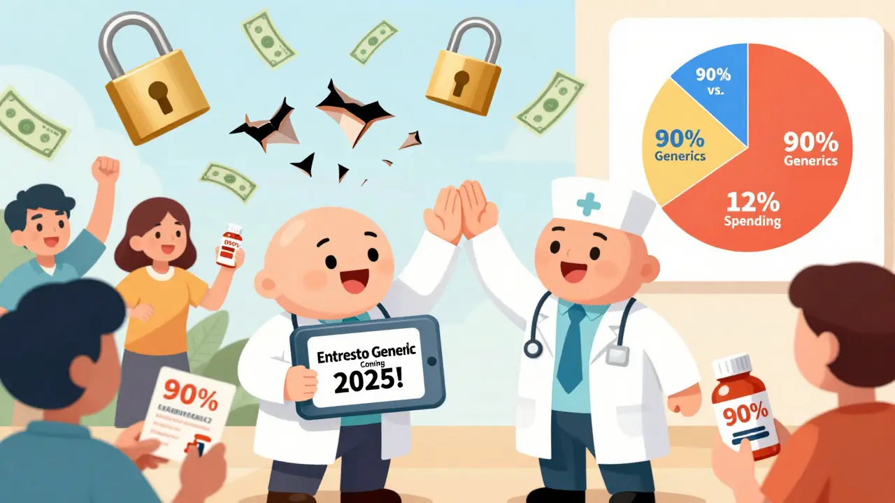 Doctor and pharmacist celebrating generic drug launch as patients cheer with discount coupons.