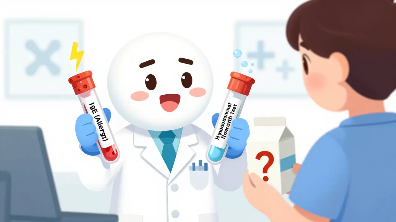 Doctor holding allergy and breath test tubes beside a patient with milk carton
