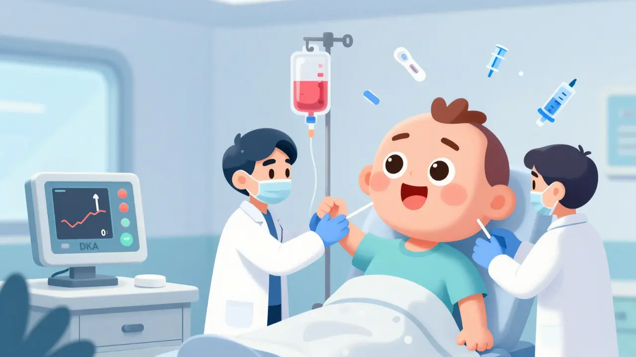 Hospital staff treating diabetic ketoacidosis patient with IV fluids and monitoring equipment