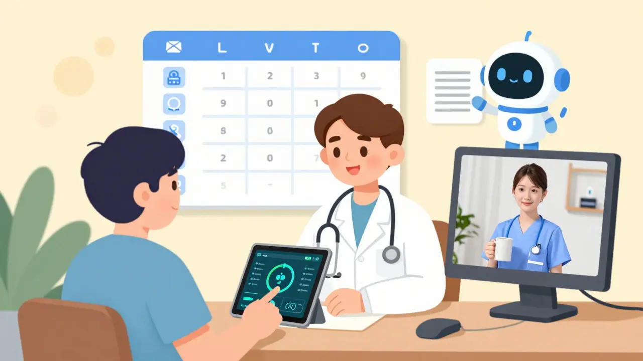 Medical staff collaborate remotely, using flexible scheduling and AI tools for efficient care.