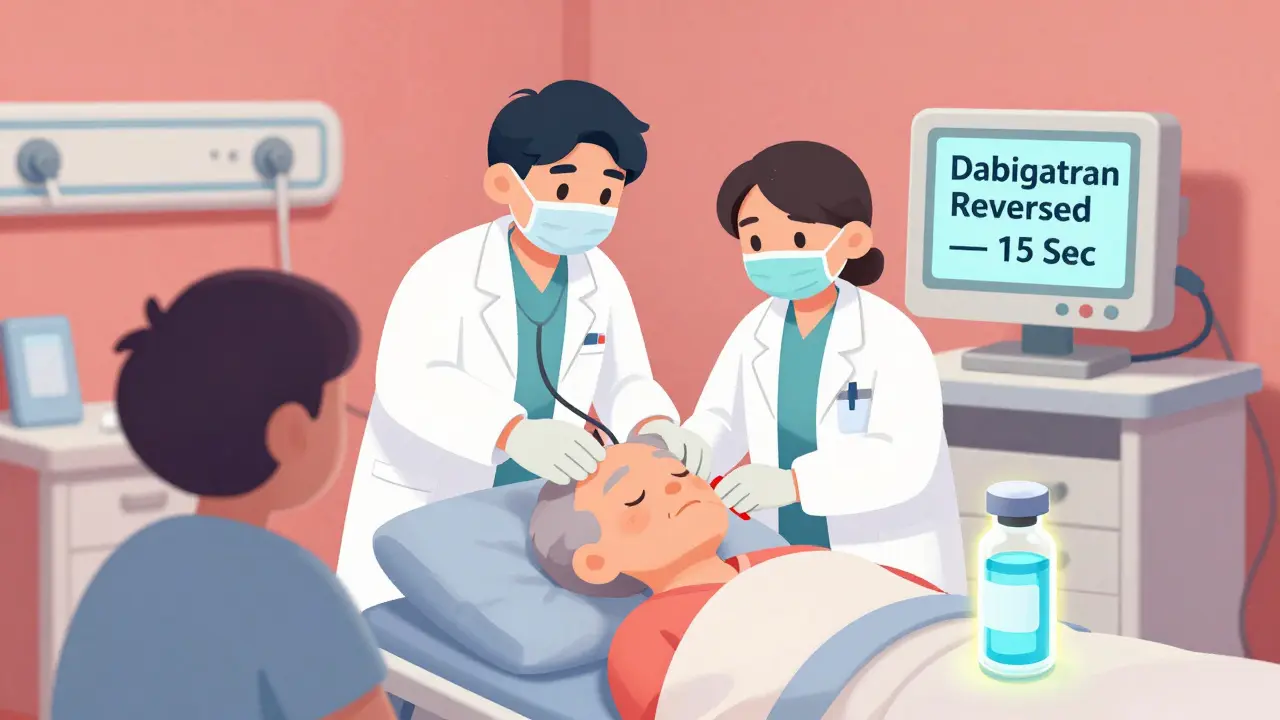 Medical team administering reversal drug to patient in emergency, with glowing antidote vial.