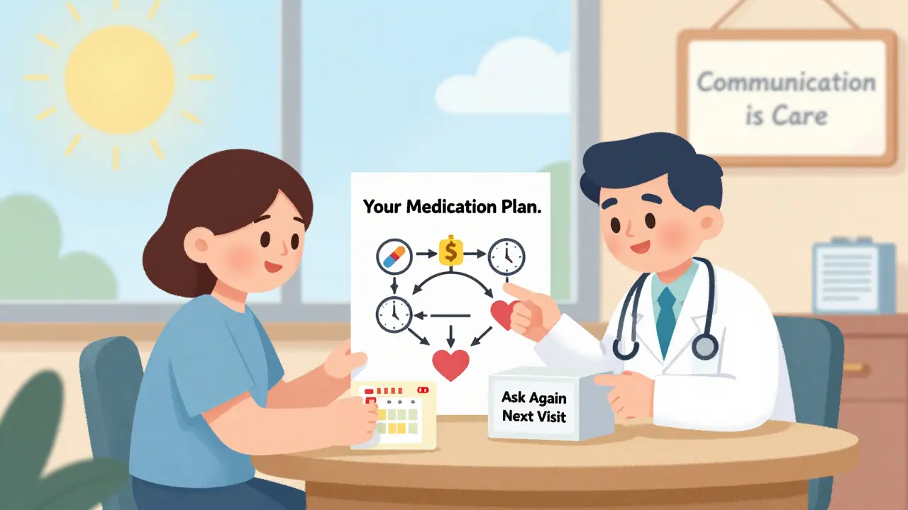 Patient and doctor reviewing a simple visual plan for taking medications together.