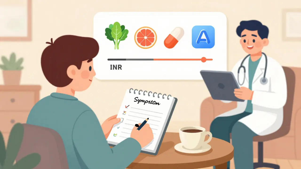 Patient tracking symptoms with a logbook while medical icons show potential drug interactions.