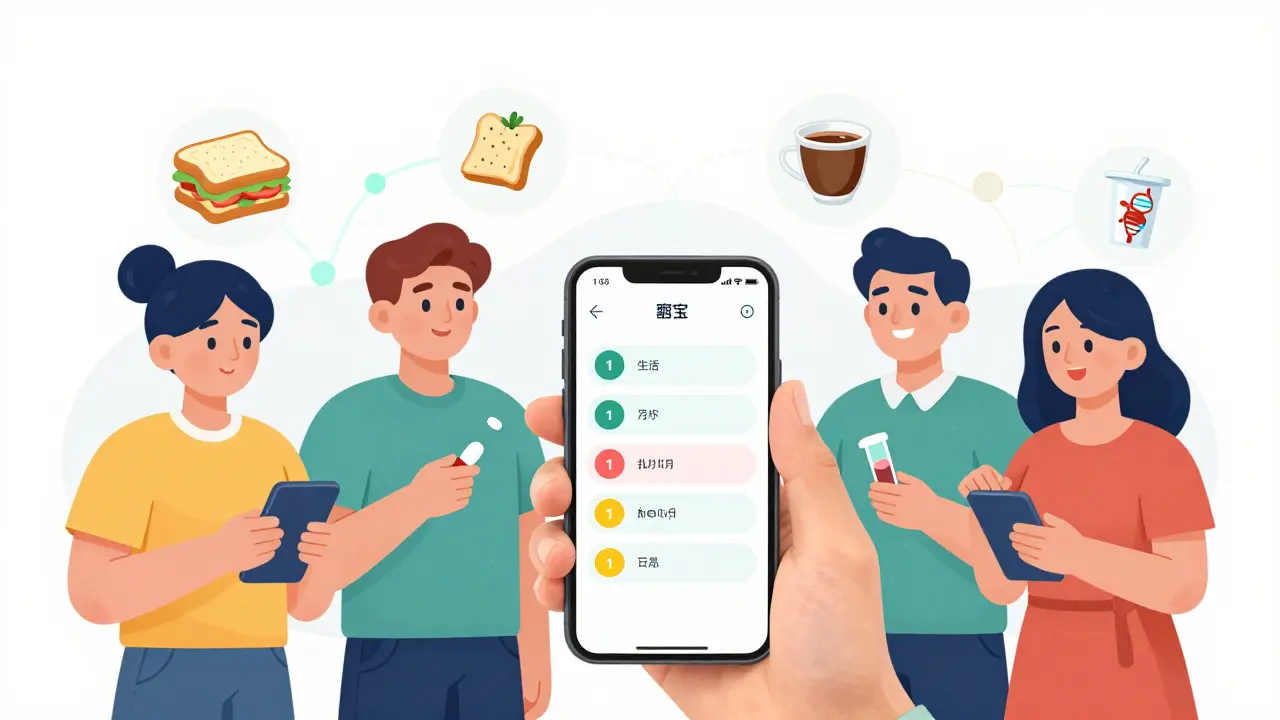 People using a medication app with color-coded pills and food icons showing interactions.