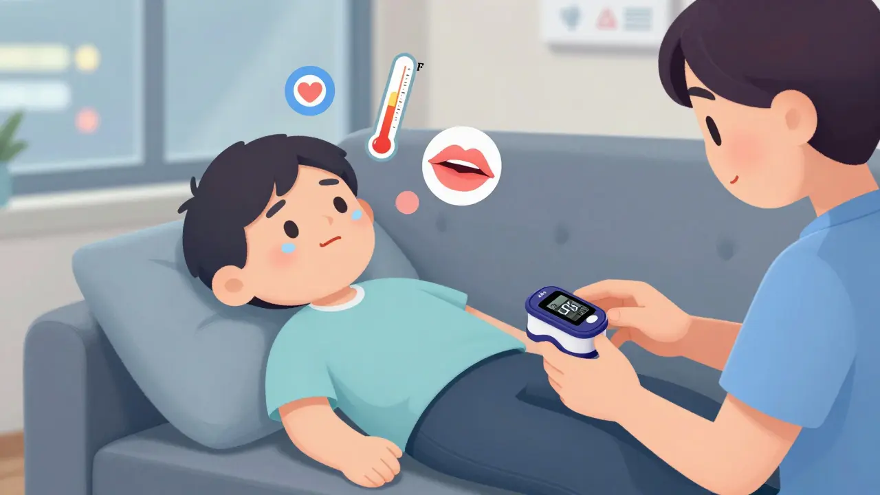 Person collapsing on couch as loved one checks oxygen level, medical symbols floating above.