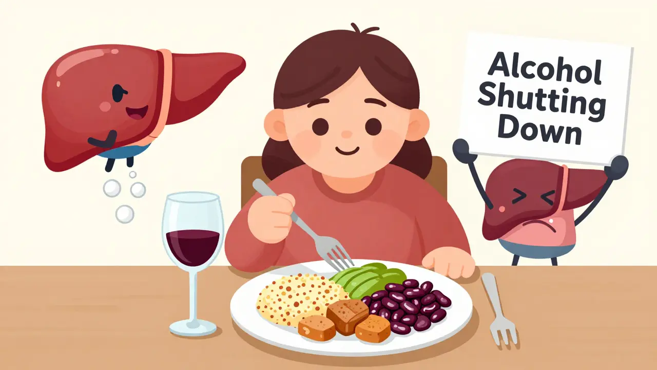 Person eating balanced meal with wine, healthy liver releasing glucose vs blocked liver.