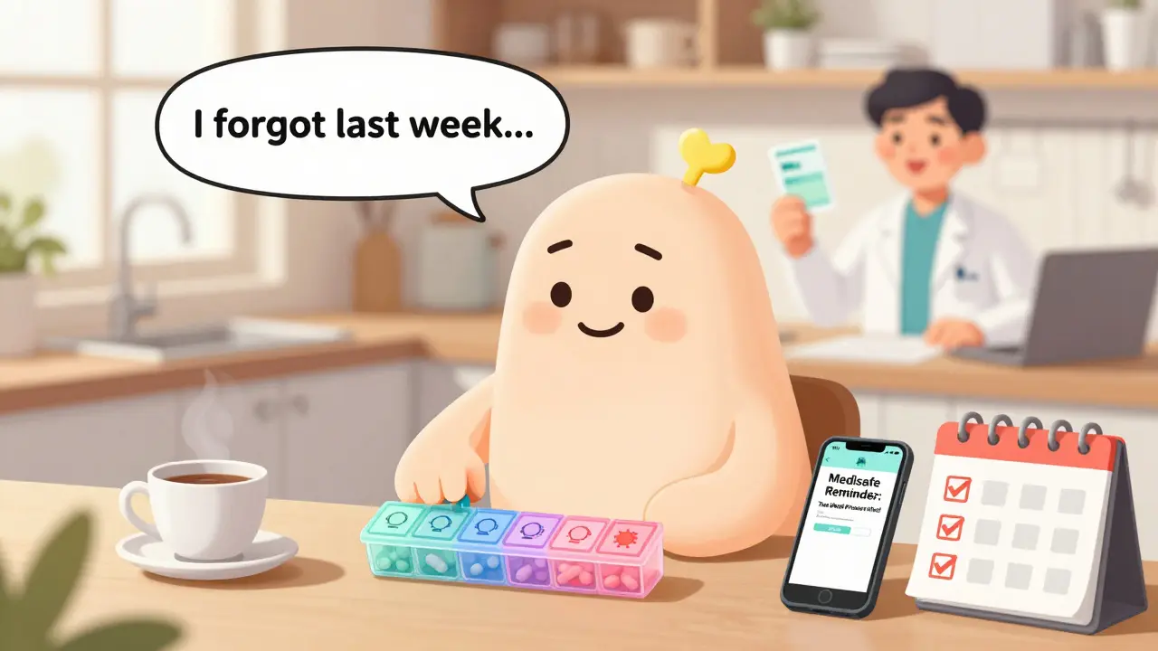 Person using a colorful pill organizer and phone app to remember medication doses at home.