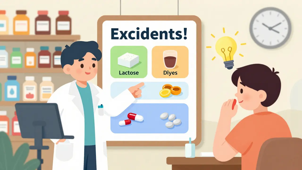 Pharmacist explaining excipients in pills using a colorful chart with ingredient icons.