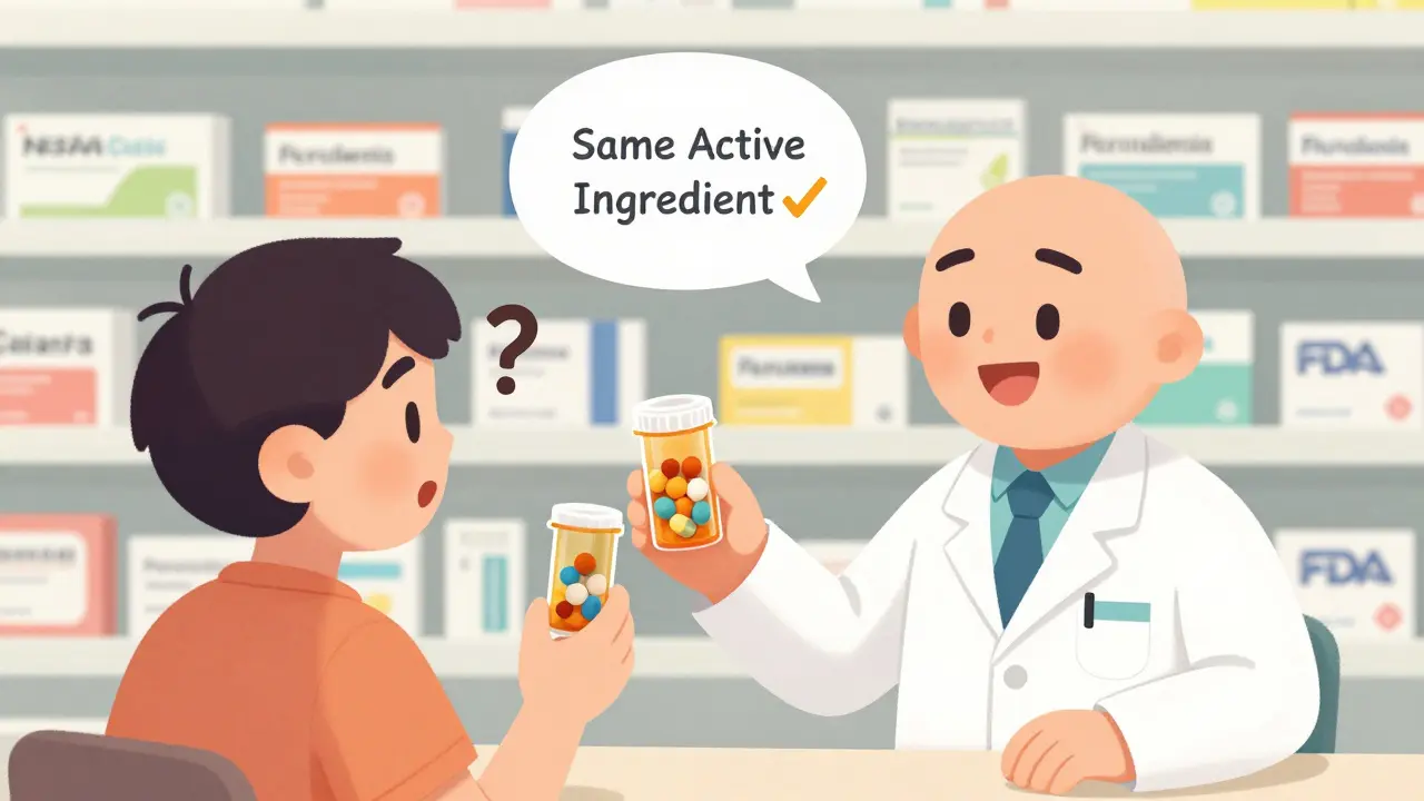 Pharmacist explains different-looking but same generic pill to patient
