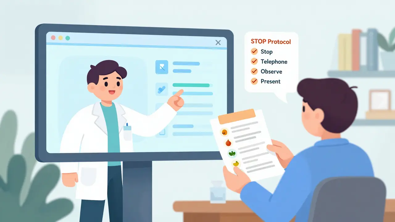 Pharmacist showing drug interaction alerts to patient with checklist nearby.
