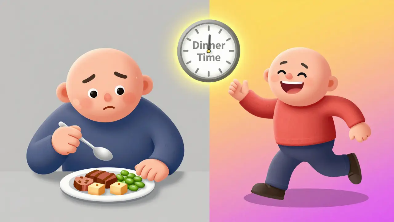Same person before and after adjusting protein intake—trembling versus moving freely, with meal timing shown.